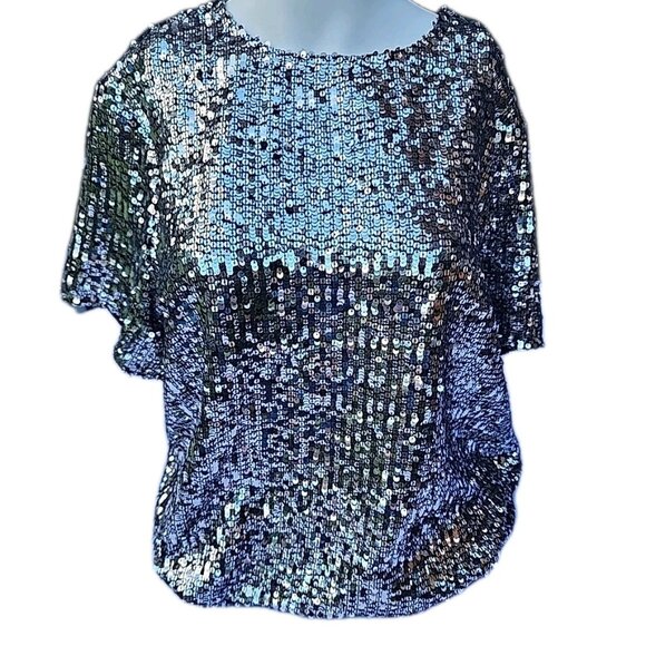 Express Silver Sequin Sparkly Party Disco Lined Short Sleeved Top Shirt Size XL - Picture 1 of 8